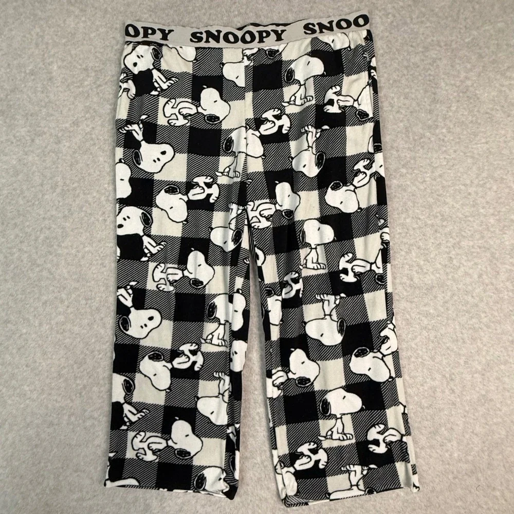 Peanuts Snoopy Pajama Pants Womens Medium Buffalo Plaid Black/White Fleece Pants